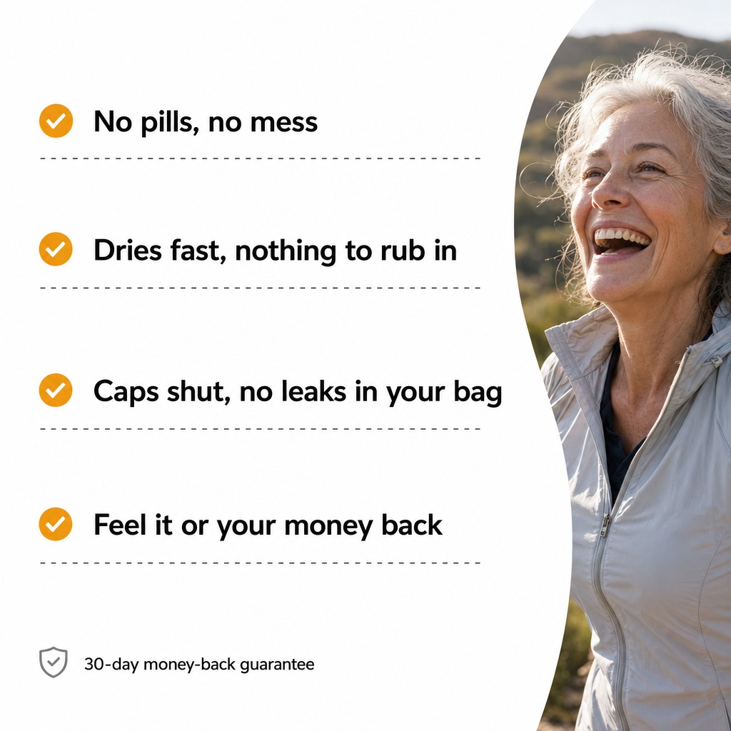 Ticked list beside a woman laughing outdoors on a sunlit trail: no pills and no mess, dries fast with nothing to rub in, caps shut with no leaks in your bag, feel it or your money back