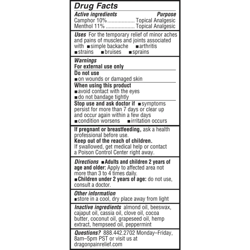 The readable Drug Facts panel listing camphor 10% and menthol 11%, uses, warnings and directions