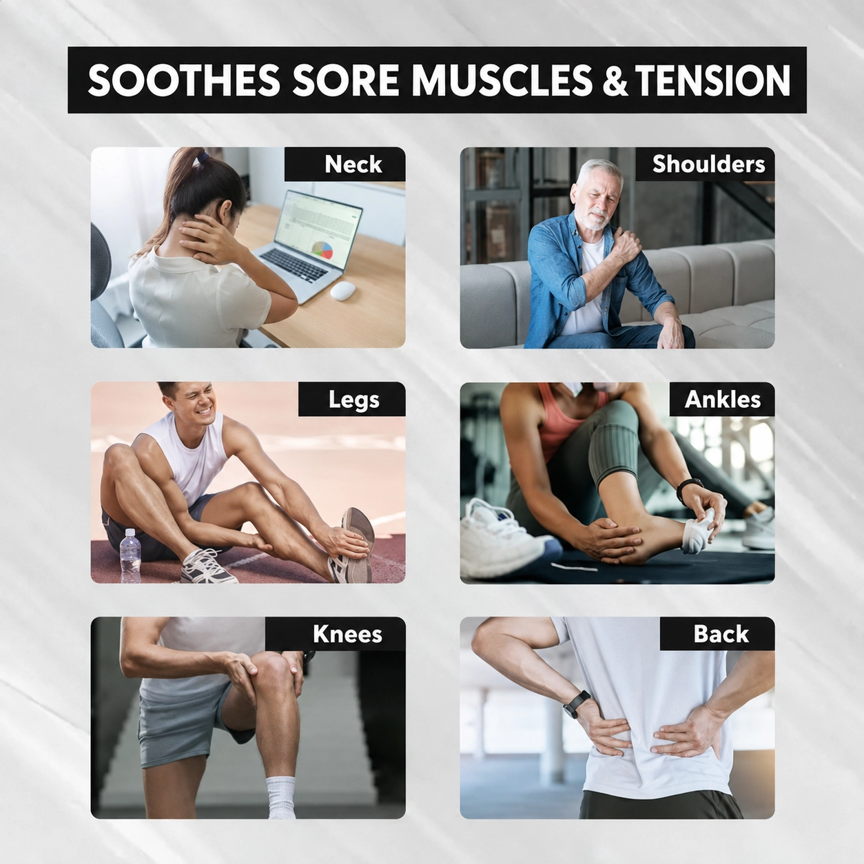 Areas it soothes: neck, shoulders, legs, ankles, knees and back