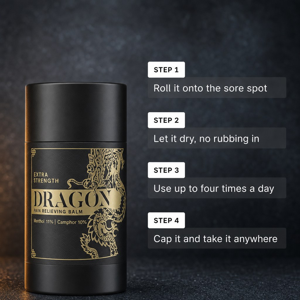 Four steps: roll it onto the sore spot, let it dry with no rubbing in, use up to four times a day, cap it and take it anywhere