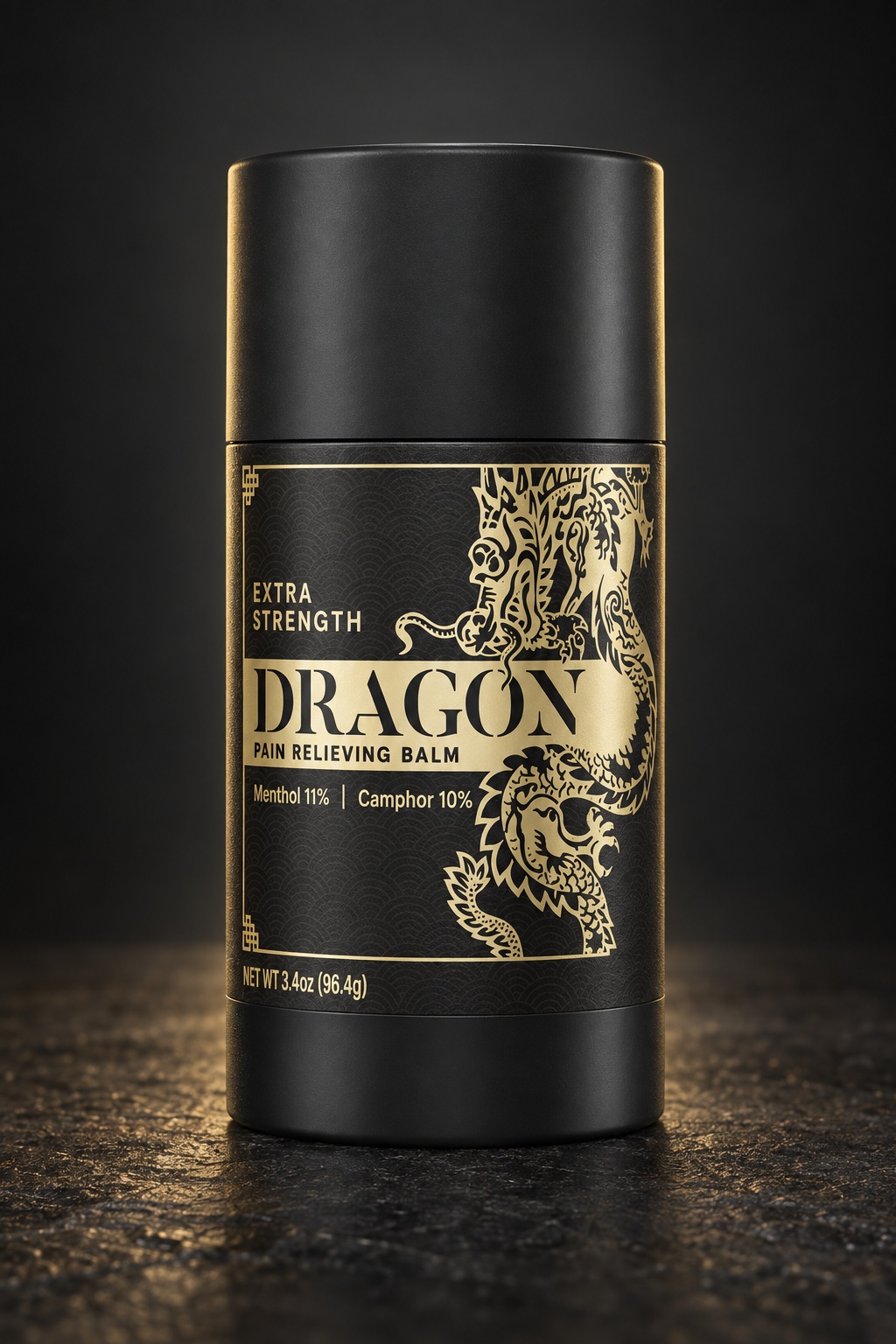 The Dragon Extra Strength Black Roll-Up standing upright on dark stone, gold label facing camera